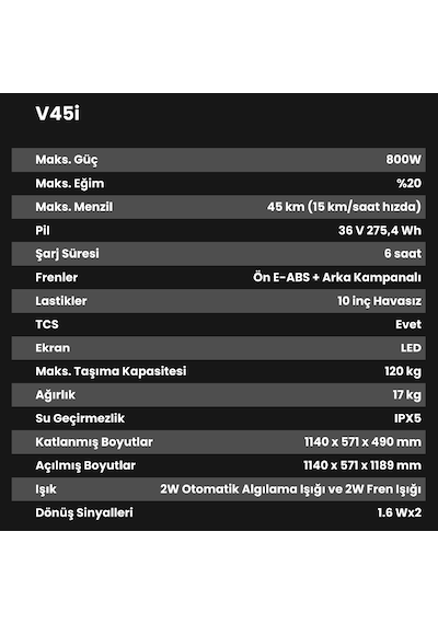 V45i Elektrikli Scooter 800w Güç, Tcs, 45 Km Menzil, %20 Eğim, 120 Kg Taşıma Kapasite, Bms Siyah