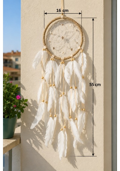 Beyaz Tüylü Bohem Düş Kapanı 16 Cm Kasnak 55 Cm Dekoratif Duvar Süsü