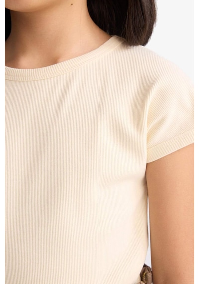 DeFacto Kız Çocuk Slim Fit Dar Kesim Bisiklet Yaka Basic Düz Fitilli Kaşkorse Kısa Kollu Tişört B3053A825SMER183 Ekru