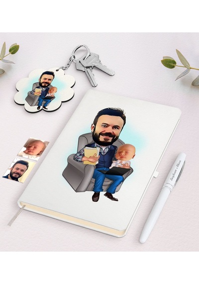 Kişiye Özel Baba Oğul Karikatürlü Beyaz Defter Kalem Ve Anahtarlı N11.16113