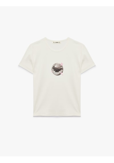 Koton Slim Fit Kısa Kollu Bisiklet Yaka Pamuklu Payetli Tişört Ekru 6sal10730ık