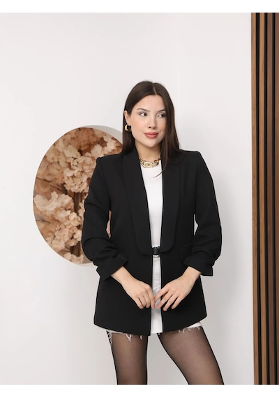 Nazzain Kolu Büzgülü Blezer Ceket Siyah