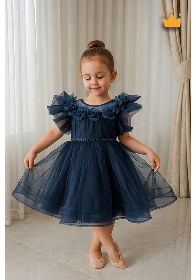 Babyhola 2-8 Yaş Gül Yakalı Grenli Kabarık Tül Kız Bebek Çocuk Abiye Elbise Bayramlık Gelinlik 3502 Lacivert