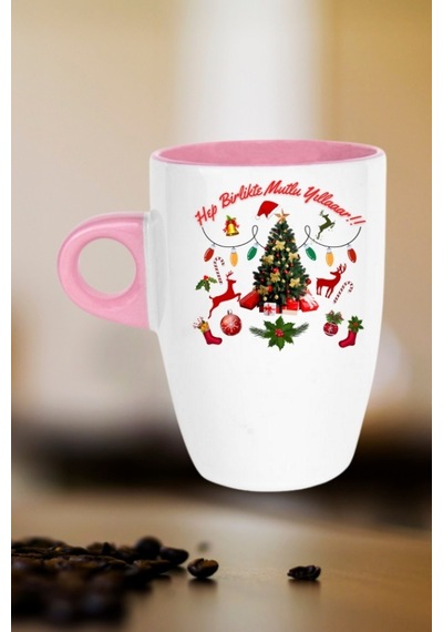 Yılbaşı Mutlu Yıllar Baskılı Kupa Bardak Porselen Latte Filtre Kahve Fincanı Pembe