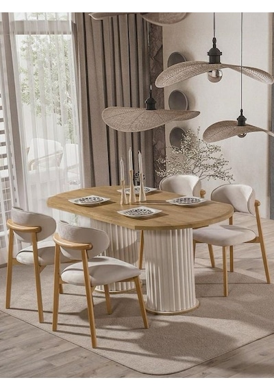 Horizon İskandinav Oval Natural Ahşap Bohem Masa 80x190 Krem