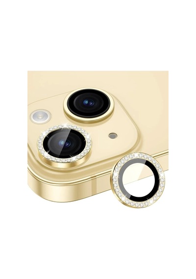 Apple Uyumlu iPhone 15 Ve 15 Plus Sarı Light Yellow Swarovski Taşlı Kamera Lens Koruyucu Cam Sarı