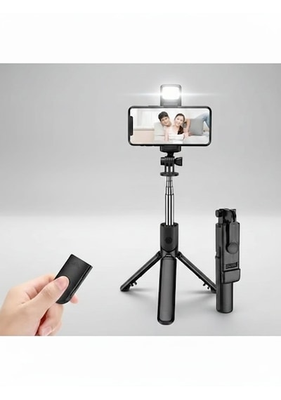 Katlanabilir Uzaktan Kumandalı Selfie Çubuğu Işıklı Masa Üstü Tripod Telefon Tutucu Siyah