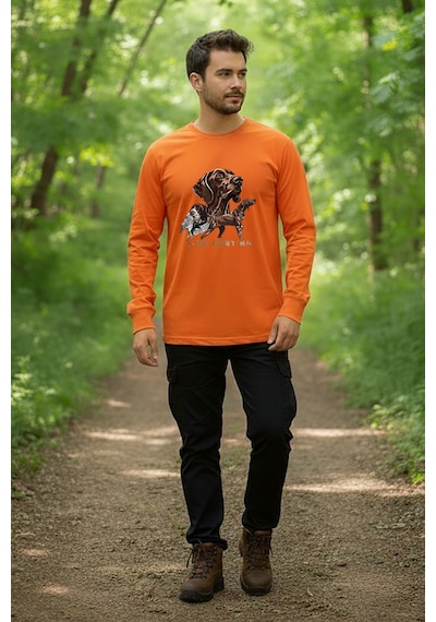 Avcılık Hunter Kurzhaar Av Köpeği Ve Çulluk Baskılı Turuncu Bisiklet Yaka Uzun Kollu T-shirt Turuncu