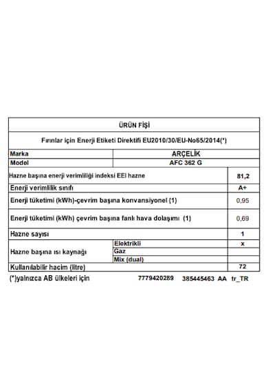 Arçelik AFC 362 G 72 L AFry Buhar Destekli Fırın