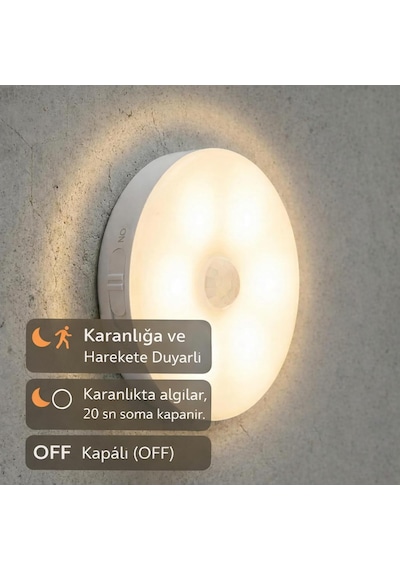 Hareket Sensörlü Ledli Gece Lambası Şarj Edilebilir, Taşınabilir 4000k Günışığı 2 Adet Beyaz