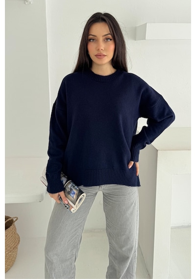 Femelle Kadın Lacivert Standart Beden Oversize Basic Triko Kazak - 357bnd
