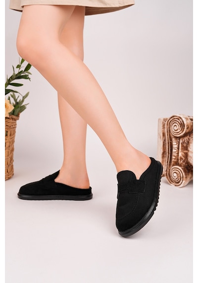 Muggo Vintage Süet Deri Günlük Rahat Önü Kapalı Kadın Loafer Terlik Siyah