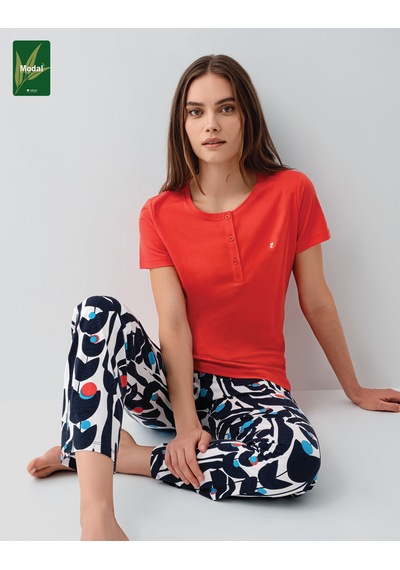 Pierre Cardin 9162 Modal Pamuk Kısa Kol Kadın Pijama Takımı Kırmızı