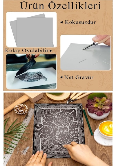 Linol Baskı Seti 1 Paket A3 30x40 Cm Linolyum Tabaka Gri Linol Oyma Seti 5 Bıçaklı Rulo Fırça Mürekkep Linol Baskı Seti Siyah