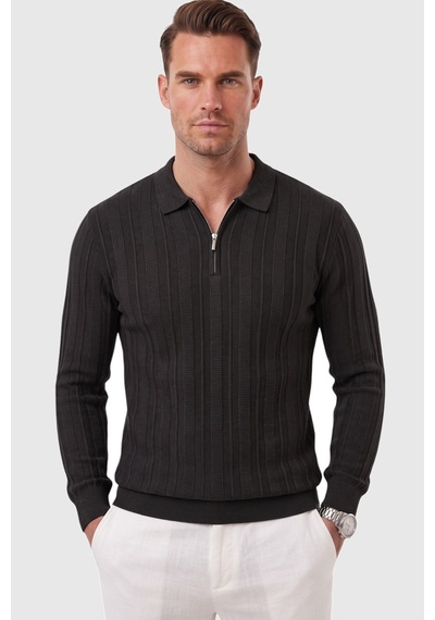 Rizzup Erkek Slim Fit Dokulu Siyah Triko Kazak Fermuarlı Polo Yaka Likralı Esnek 2708505