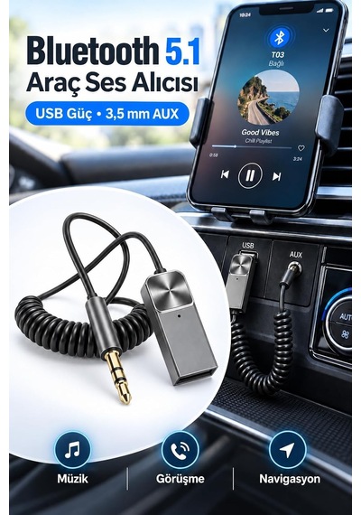 Bluetooth 5.1 Alıcı Usb Aux 3.5 Mm Çok Fonksiyonlu Kablosuz Araç Kiti Telefon Konuşma Müzik Dinleme