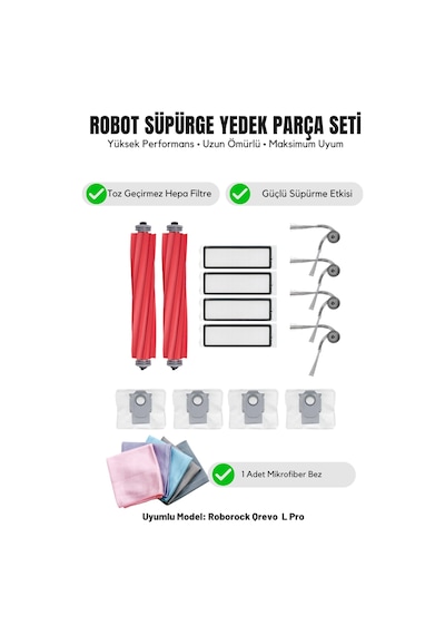 Roborock Qrevo L Pro İle Uyumlu 2 Ana Fırça 4 Yan Fırça 4 Filtre 4 Toz Torbası 1 Temizlik Bezi 16.0