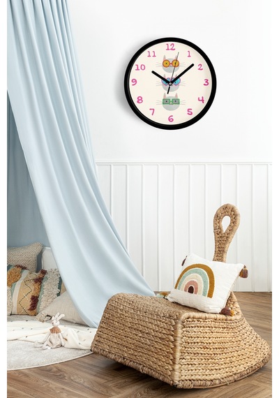 Sevimli Kediler Modern Duvar Saati - Çocuk Odası Duvar Saati - 25cm - Önü Camlı Siyah Kasa-jh1109 Siyah
