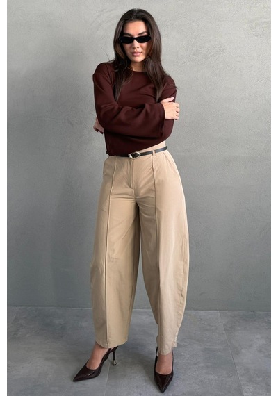 Madmext Bej Modern Kesim Kemerli Yüksek Bel Bol Paça Kumaş Pantolon Mg2618 Bej