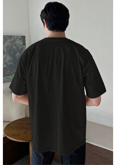 Genius Store Erkek Oversize Tişört Pamuk Kumaş Bisiklet Yaka Rahat Kalıp T-shirt Siyah