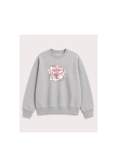 Herkesemoda Choose Çiçek Baskılı 2 İplik Şardonlu Bisiklet Yaka Sweatshirt Gri