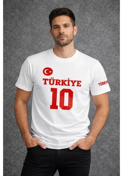 Erkek Türkiye Ay Yıldız Baskılı 10 Numara Forma Tişört Taraftar T-shirt - Beyaz