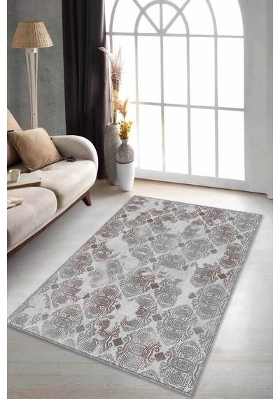 Gri Damask Desen Kaymaz Tabanlı Dekoratif Halı Al001n11