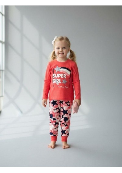 Kız Çocuk Super Girl Yazılı Simli Baskılı Uzun Kollu Pijama Takımı-16828 Pembe