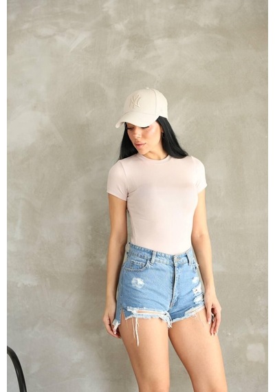 Moda Banuş Premıum Kalite Bej Esnek Buzzy Kumaş Bisiklet Yaka Kısa Kol Basic Body Bej Bej