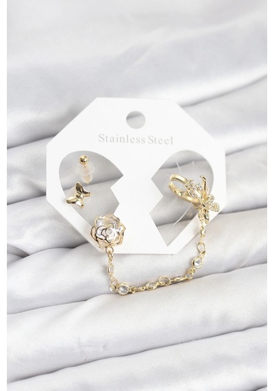 Mey İthalat Pirinç Gold Renk Kelebekli Model Zincir Bağlantılı Ear Cuff Küpe Seti Çok Renkli 30180079
