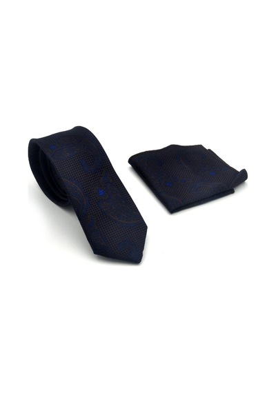 Gaffy Lacivert Kahverengi Şal Desenli Dokuma Kumaş Mendilli Slim Fit Kravat // Sdk-2604-2 Lacivert
