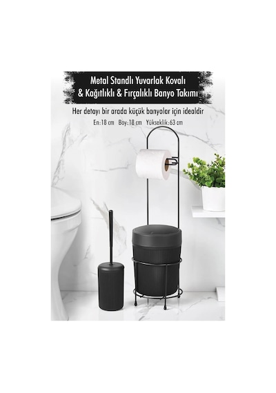 Metal Standlı Yuvarlak Kovalı & Kağıtlıklı & Fırçalıklı Siyah Banyo Takımı