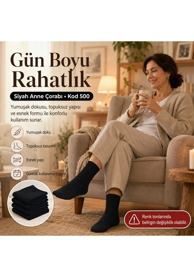 Genel Kadın 40 Denye İnce Anne Çorabı 12'li Dizaltı Topuksuz Esnek, Ten Siy Siyah / Standart / 12 Adet