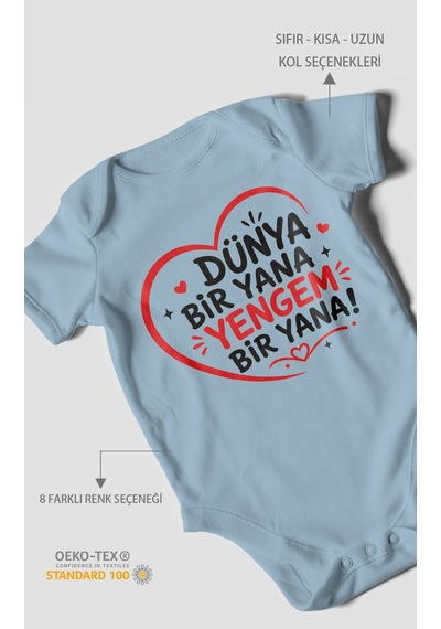 Morivokids Dünya Bir Yana Yengem Bir Yana Kısa Kollu Bebek Body %100 Pamuk Bebe Mavisi