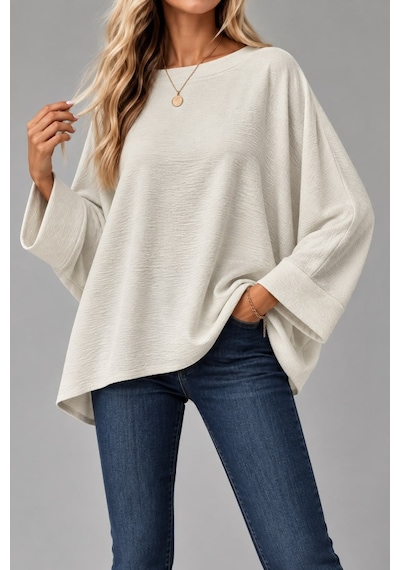Oversize Yarasa Kol Bluz Beyaz