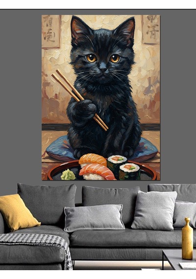 Çubukla Sushi Yiyen Kara Kedi Dekoratif Kanvas - Mdf Ahşap Tablo