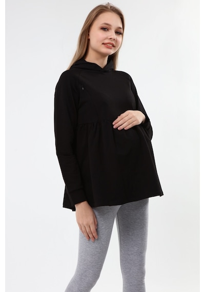 Luvmabelly Myra4531 Büzgülü Fermuarlı Emzirme Sweatshirt -siyah-siyah