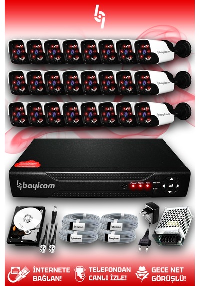 Bayicam 24 Kameralı Panda 24 Dış Kamera Set 1 TB HDD Full HD Gece Görüşlü Güvenlik Kamerası Sistemi