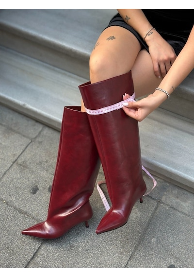Erva'nın Butiği Bordo Cilt Veray Xl Oversize Kalın Baldır 5 Cm Mini Topuk Çizme-6401