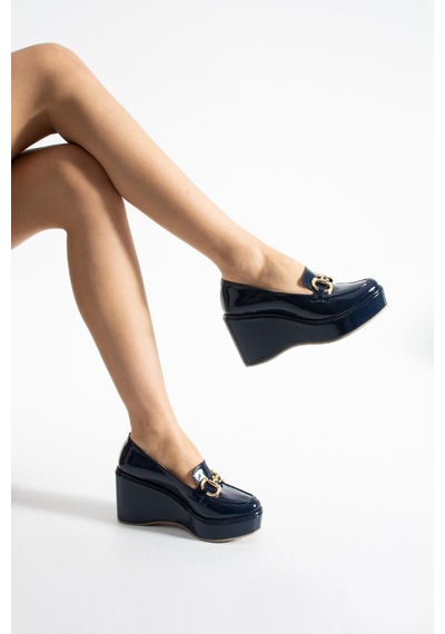 Zenne Shoes Dolgu Topuklu Tokalı Kadın Ayakkabı Lacivert