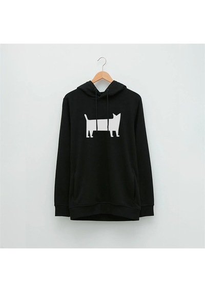 Beyaz Kedi Özel Tasarım Baskılı Kapüşonlu Sweatshirt Siyah