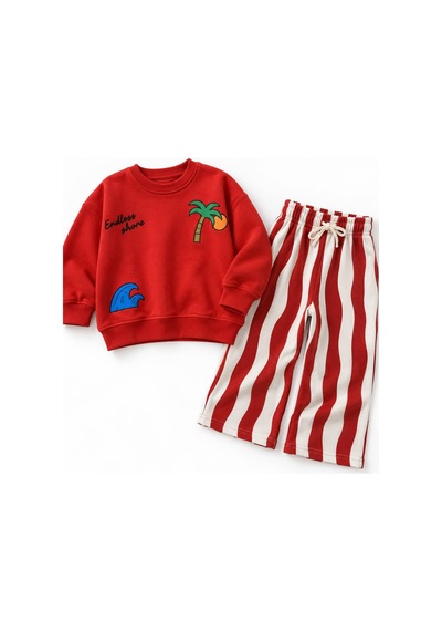 Monila Erkek Çocuk Kırmızı Baskılı 3 İplik Kumaş Pamuklu Sweatshirt Ve Kırmızı Çizgili Eşofman Altüst Takım
