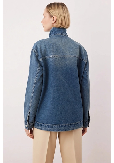Benerly Kadın %100 Pamuk Dik Yaka Düşük Kol Denim Ceket Fonksiyonel Dayan mavi