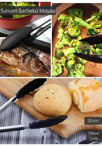Sunum Maşası Barbekü Maşası Mangal Maşa Silikon Salata Maşası Siyah 25 Cm