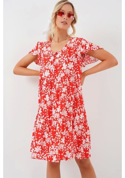 Defymoda 2352 V Yaka Kısa Elbise - Kırmızı Kırmızı