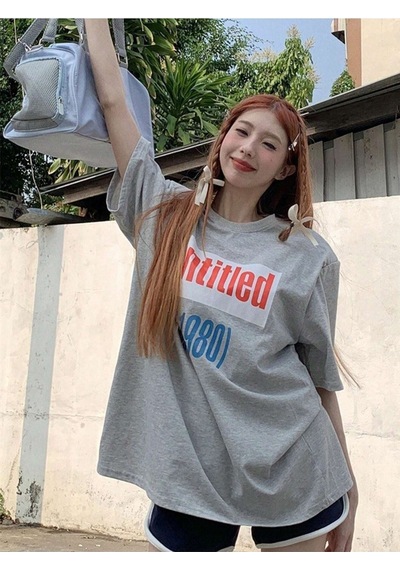 Untitled 1980 T-shirt - Gri Baskılı Oversize Bisiklet Yaka Kısa Kol Gri