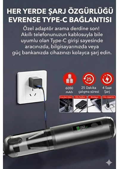 Ers Araç Süpürgesi Şarjlı 120w 20.000pa Göstergeli Yeni Nesil Metal Filtre Extra Vakum Ve Üfleme