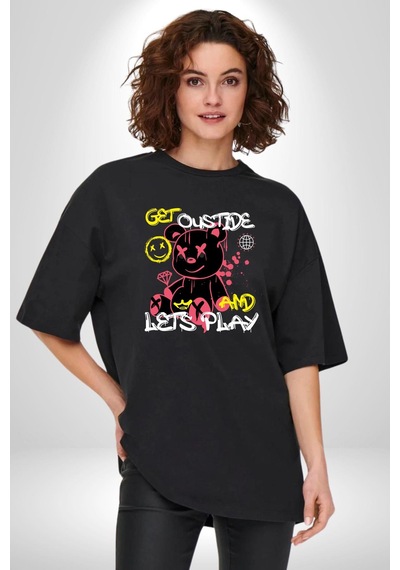 Dışarı Çık Ve Oynayalım Teddy Pamuklu Bisiklet Yaka Unisex Oversize Boyfriend Dijital Baskılı Siyah T-shirt Siyah