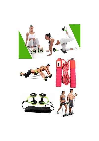2'li Set Tekerlekli Göbek Eritme Mekik Fitness Kondisyon Egzersiz Spor Aleti Sayaçlı Atlama Ipi