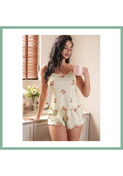 Bşkvirgo Kadın Bej Ayıcık Desenli Örme Yazlık Şort Takım 5199 Beden: S/m Renk: Sarı Bsk2026